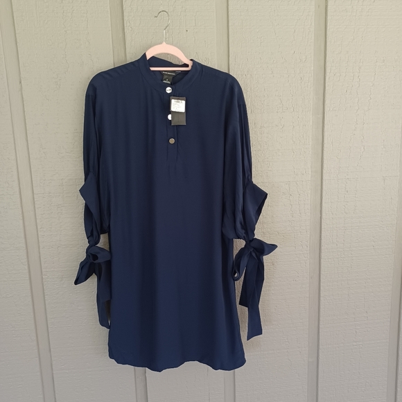 Club Monaco Tie Sleeve Mini Dress Size 8 Women Preppy Viscose Button Color Navy - Picture 1 of 14